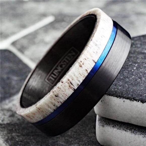 Men's Wedding Band Rings - Black Blue Deer Antler Design - Wedding Rings - Picture 2 of 7